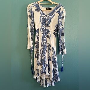 Lulu's White Dress with Blue Paisley Print - Long Sleeve